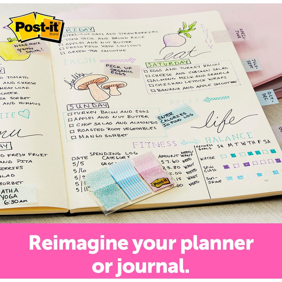 Post-it&reg; Printed Flags - 60 x Assorted Pastel - 1" Flag/Note Width x 1 3/4" Flag/Note Length - 30 Sheets per Pad - Green, Blue, Pink - Self-adhesive, Sticky, Removable, Writable - Dispenser Included - 60 / Pack