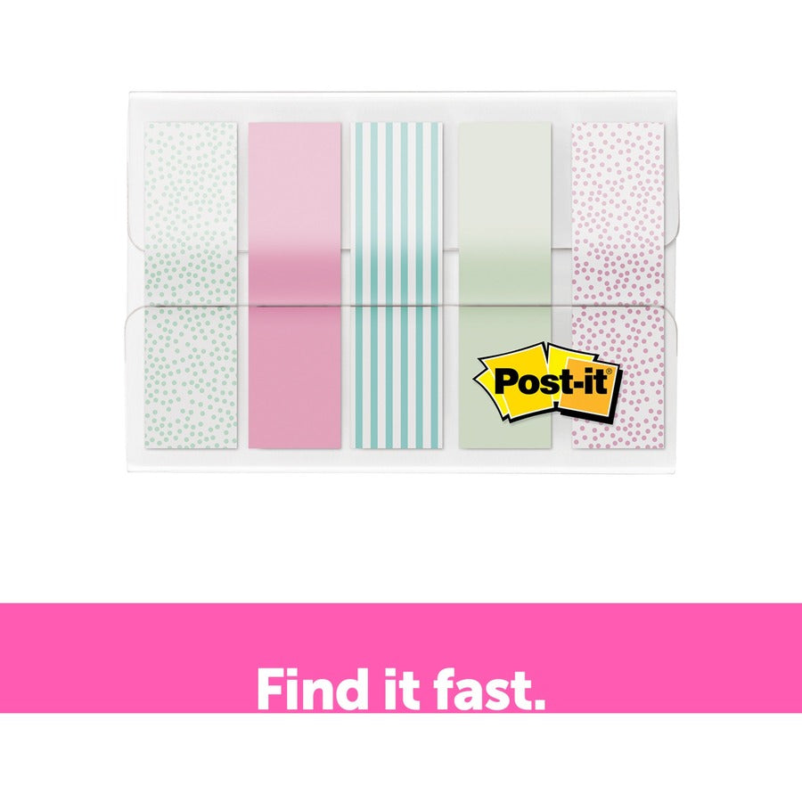 Post-it&reg; Printed Flags - 100 x Assorted Pastel - 1/2" Flag/Note Width x 1 3/4" Flag/Note Length - 20 Sheets per Pad - Green, Pink, Blue - Self-adhesive, Sticky, Removable, Writable - Dispenser Included - 100 / Pack