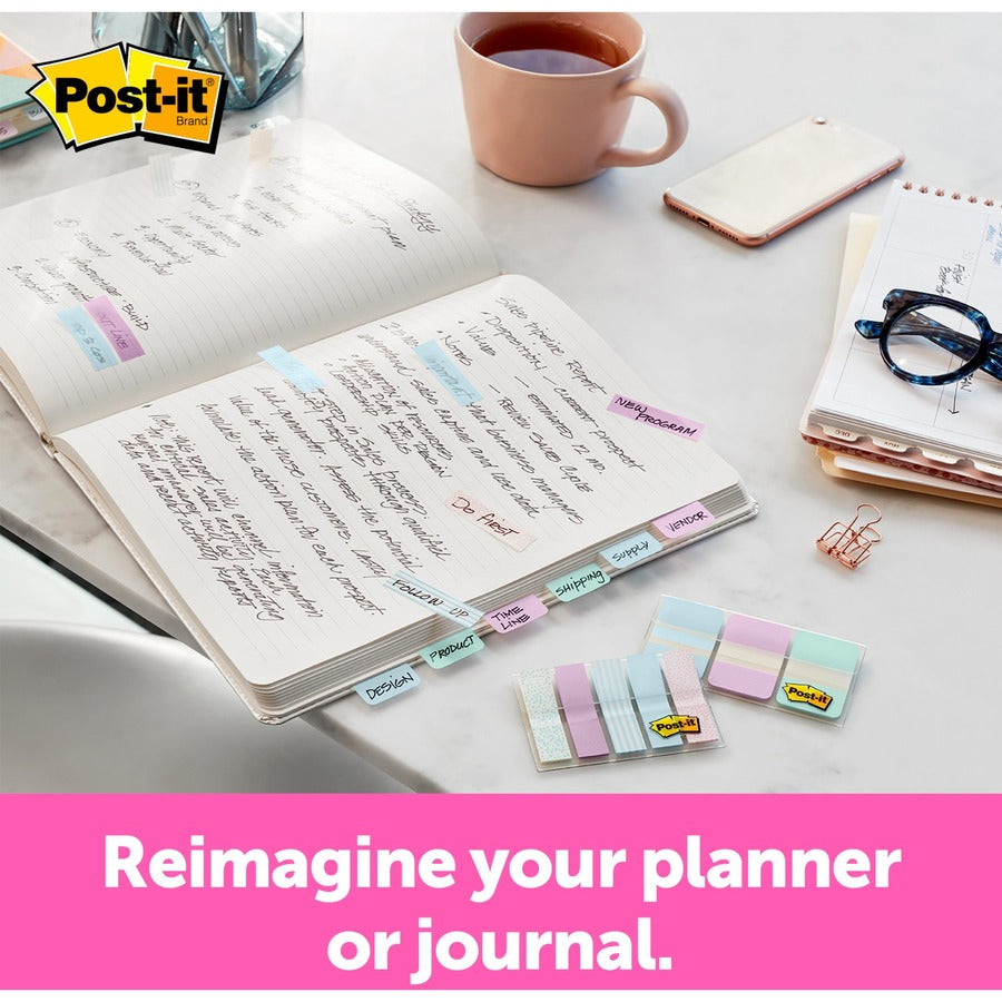 Post-it&reg; Printed Flags - 100 x Assorted Pastel - 1/2" Flag/Note Width x 1 3/4" Flag/Note Length - 20 Sheets per Pad - Green, Pink, Blue - Self-adhesive, Sticky, Removable, Writable - Dispenser Included - 100 / Pack