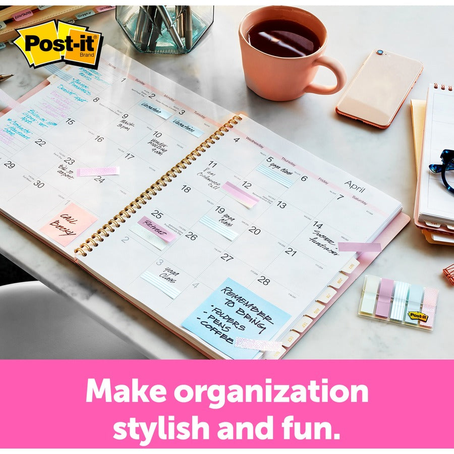Post-it&reg; Printed Flags - 100 x Assorted Pastel - 1/2" Flag/Note Width x 1 3/4" Flag/Note Length - 20 Sheets per Pad - Green, Pink, Blue - Self-adhesive, Sticky, Removable, Writable - Dispenser Included - 100 / Pack