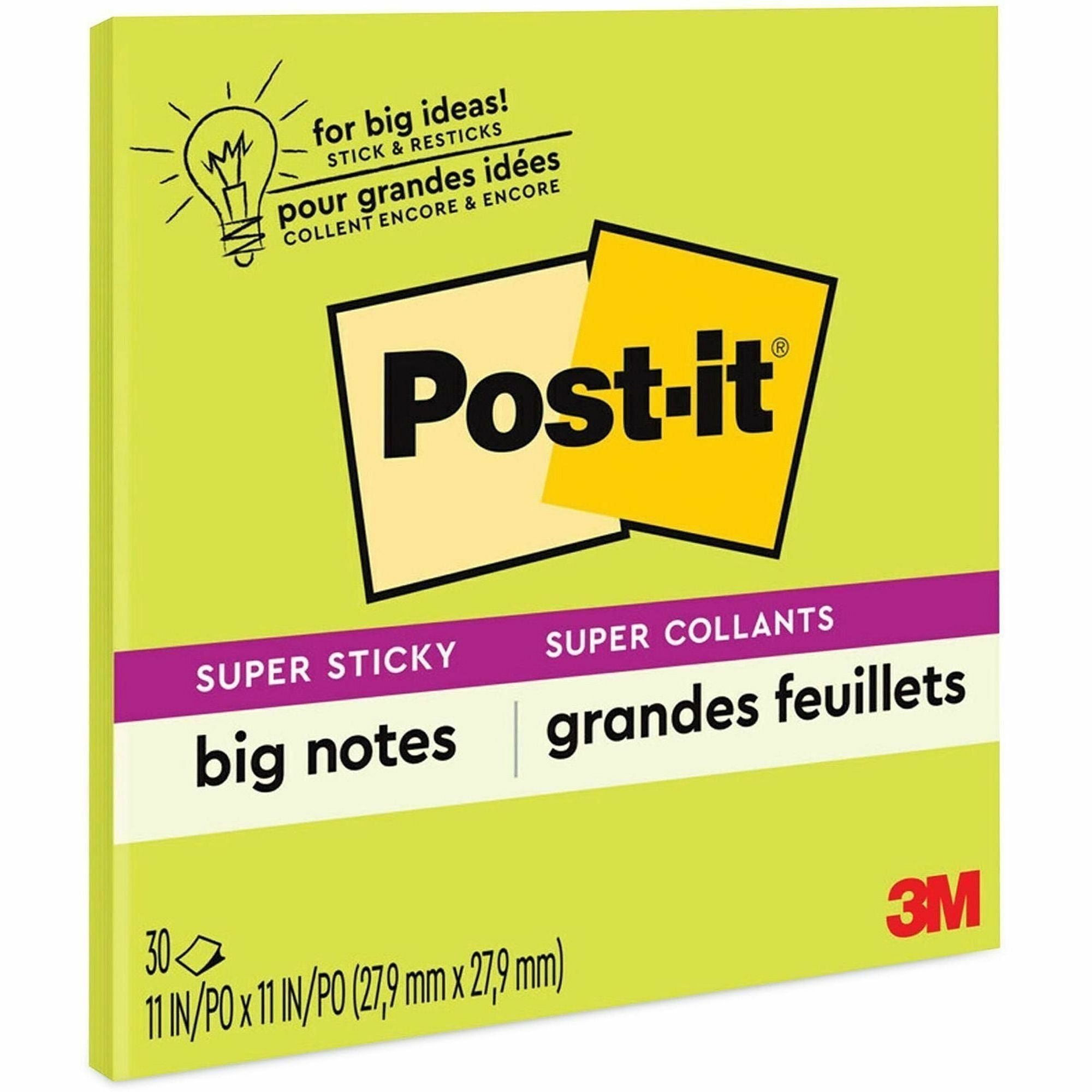Post-it&reg; Super Sticky Big Notes - 30 x Green - 11" Flag/Note Width x 11" Flag/Note Length - Square - 30 Sheets per Pad - Green - Sticky, Removable - 1 Each