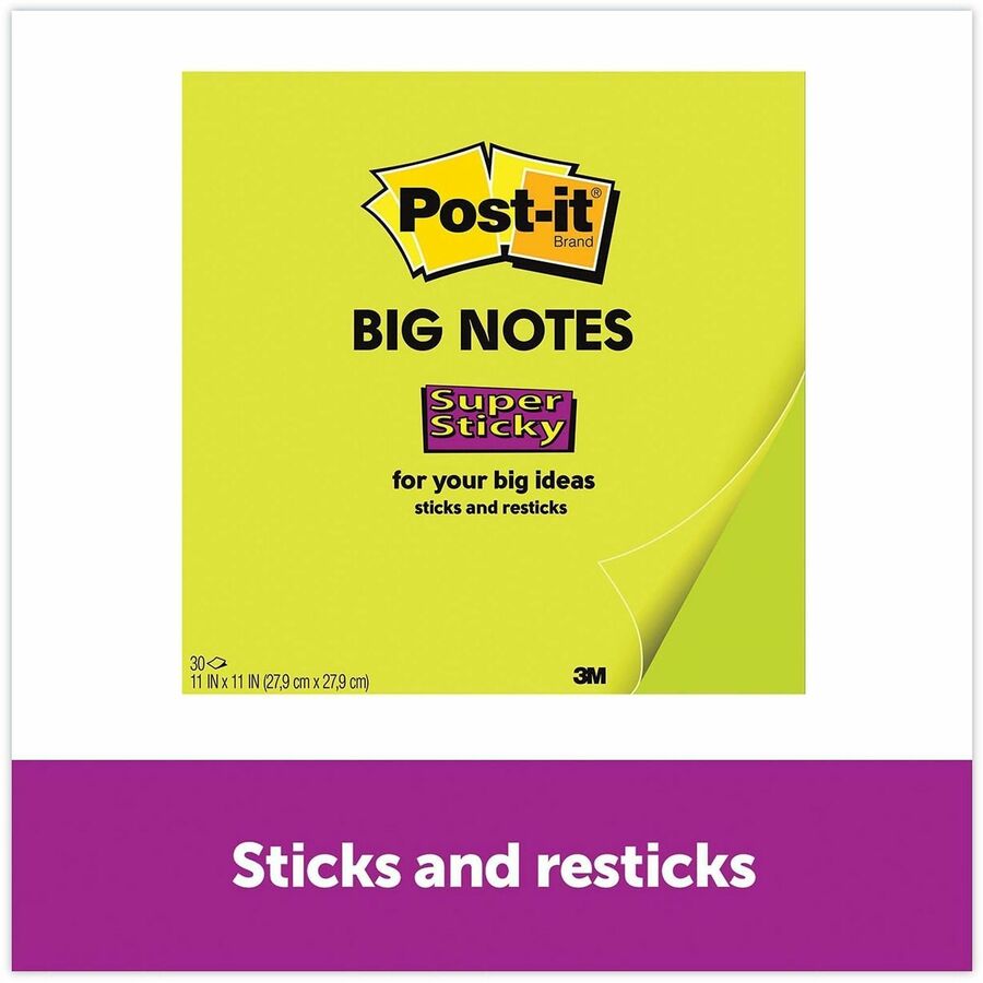 Post-it&reg; Super Sticky Big Notes - 30 x Green - 11" Flag/Note Width x 11" Flag/Note Length - Square - 30 Sheets per Pad - Green - Sticky, Removable - 1 Each