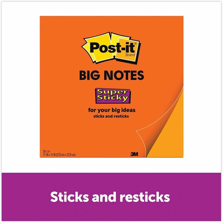 30 x Orange - 11" Flag/Note Width x 11" Flag/Note Length - Square - 30 Sheets per Pad - Orange - Sticky, Removable - 1 Each
