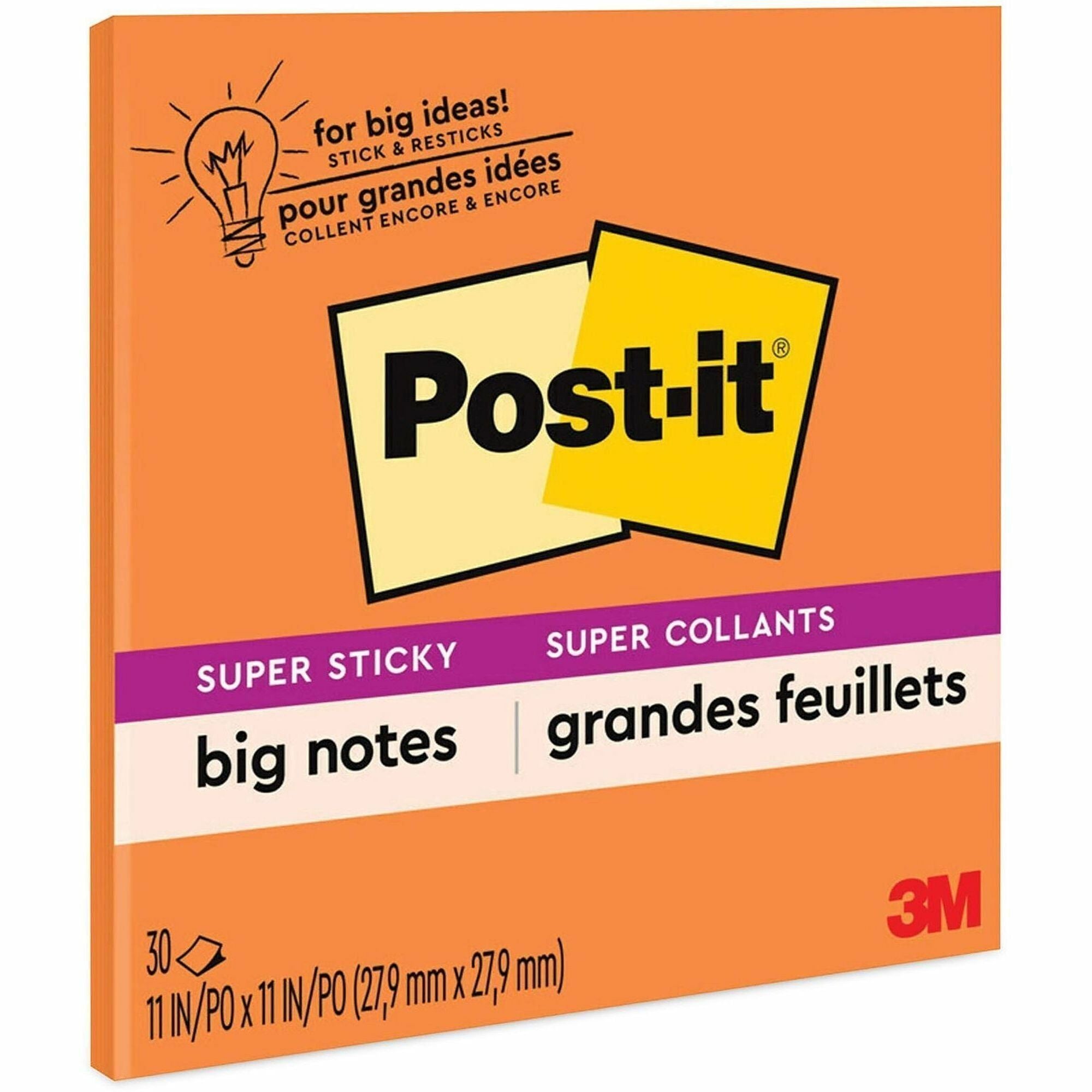 30 x Orange - 11" Flag/Note Width x 11" Flag/Note Length - Square - 30 Sheets per Pad - Orange - Sticky, Removable - 1 Each