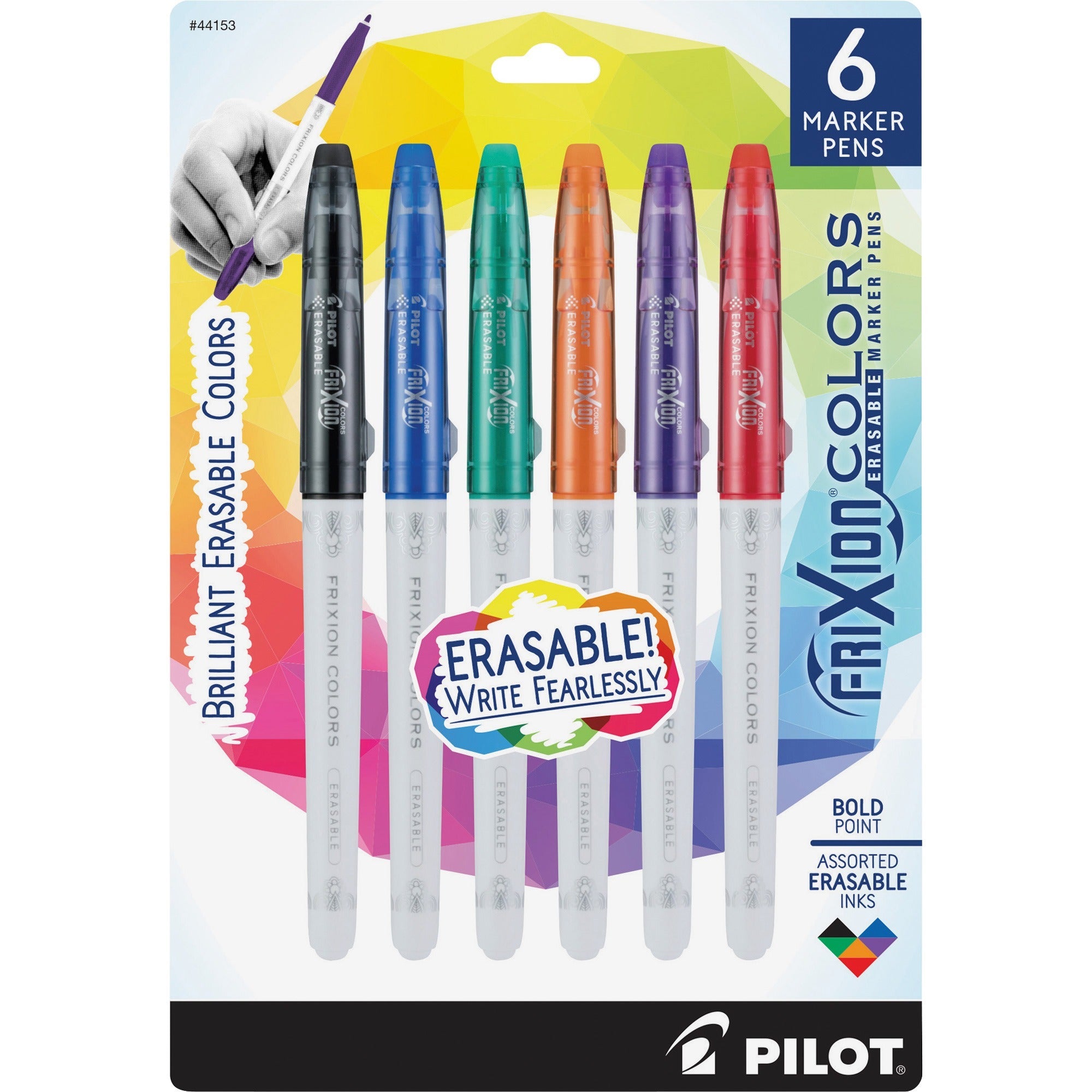 Pilot Marker Pens - 2.5 mm Bold Pen Point - Erasable - Black, Blue, Red, Green, Orange, Purple Ink - White Barrel - 6 / Pack