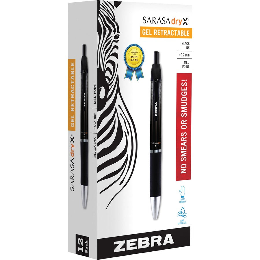 Zebra SARASA dry X1 Retractable Gel Pen - Retractable - Black Ink - Dry, Gel-based - 1 Dozen