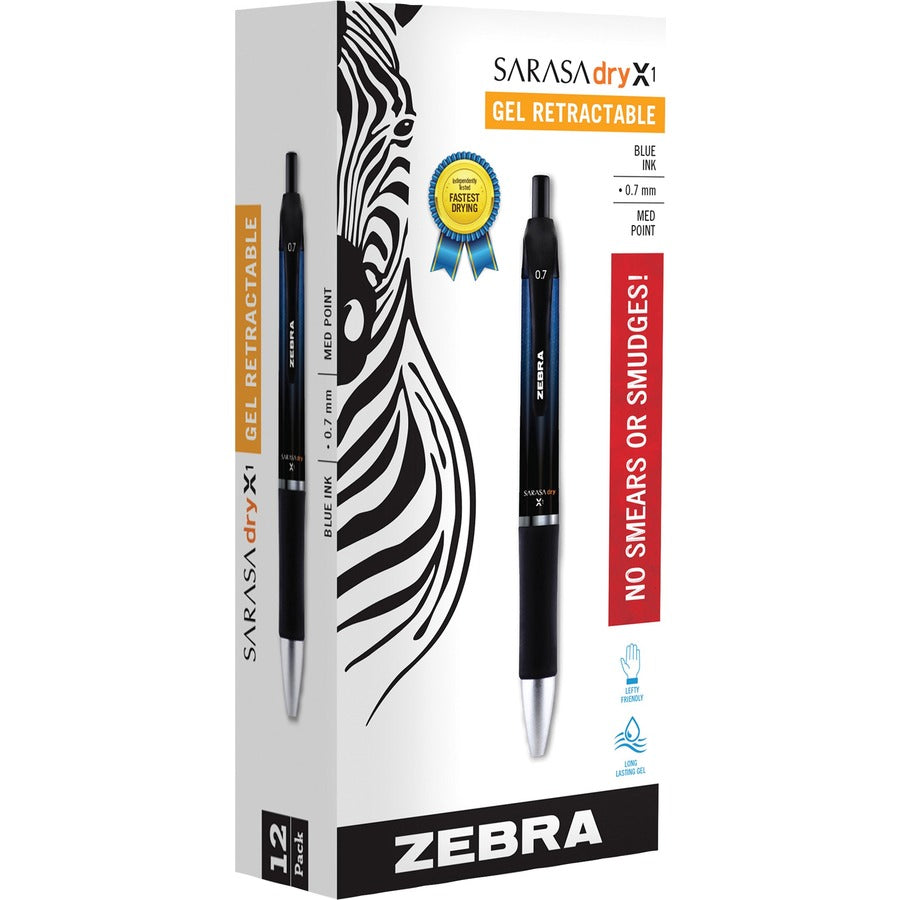 Zebra SARASA dry X1 Retractable Gel Pen - Retractable - Blue Ink - Dry, Gel-based - 1 Dozen