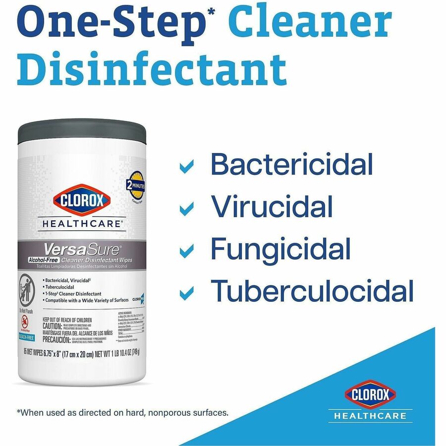 Clorox Healthcare VersaSure Cleaner Disinfectant Wipes - 8" Length x 6.75" Width - Disinfectant, Durable, Alcohol-free, Chemical-free, Fragrance-free, Fume-free, Bleach-free, Strong - White - 85/Tub - 1 Each