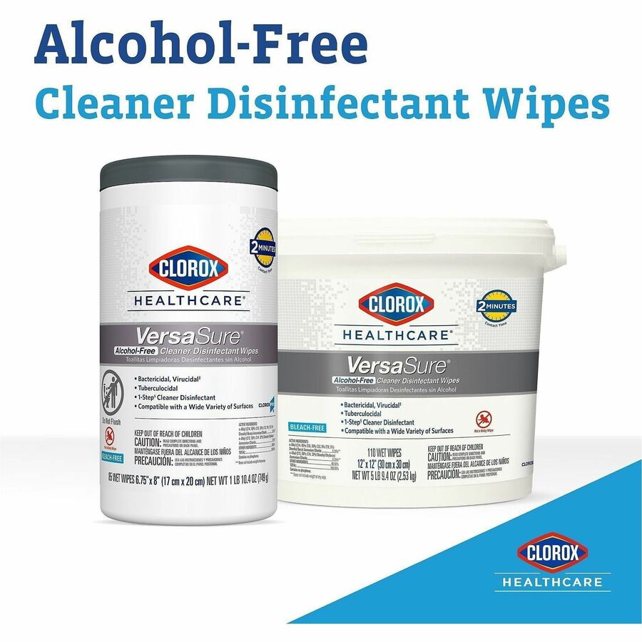 Clorox Healthcare VersaSure Cleaner Disinfectant Wipes - 8" Length x 6.75" Width - Disinfectant, Durable, Alcohol-free, Chemical-free, Fragrance-free, Fume-free, Bleach-free, Strong - White - 85/Tub - 1 Each