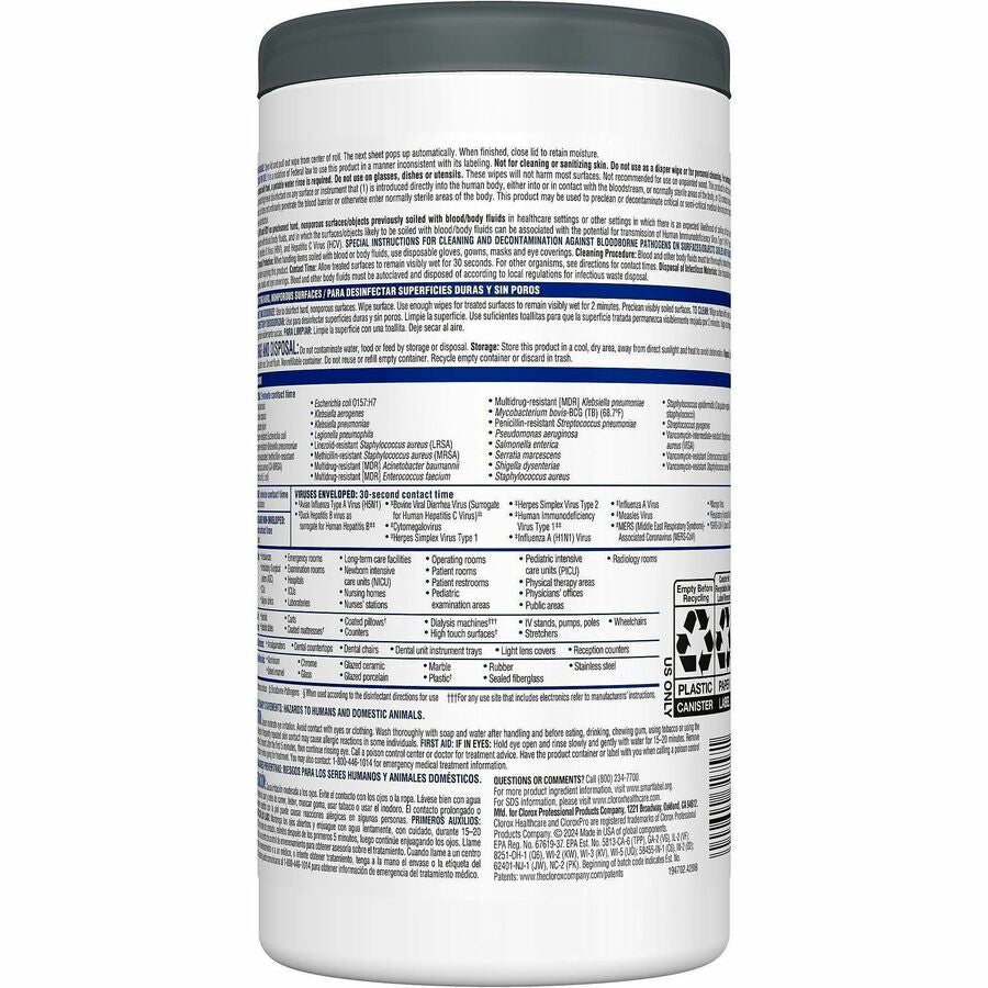 Clorox Healthcare VersaSure Cleaner Disinfectant Wipes - 8" Length x 6.75" Width - Disinfectant, Durable, Alcohol-free, Chemical-free, Fragrance-free, Fume-free, Bleach-free, Strong - White - 85/Tub - 1 Each