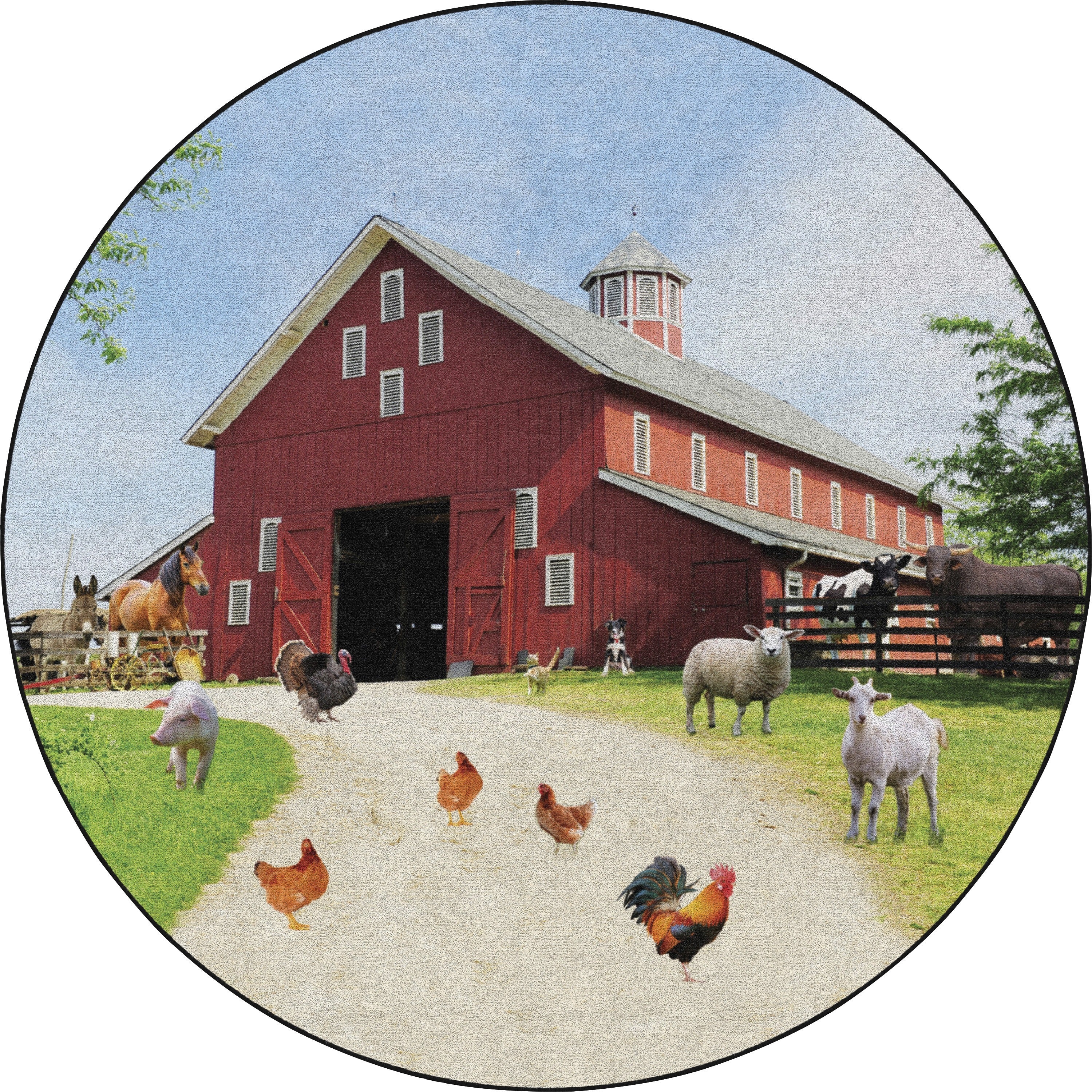 Flagship Carpets Barn Animals Classroom Rug - Floor Rug - 72" Length x 72" Width x 0.50" Thickness - Round - Multicolor - Yarn