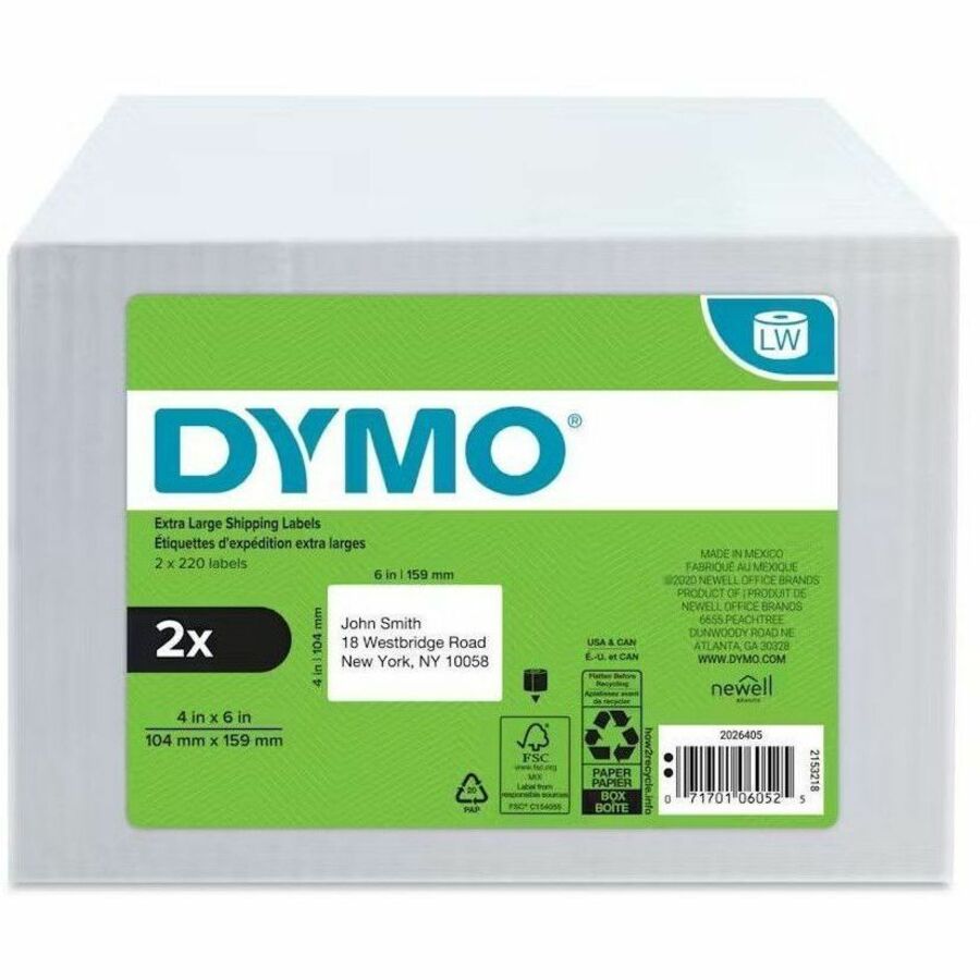 Dymo LabelWriter 4XL Label Printer Label Roll, 6" x 4", Rectangle, Direct Thermal, White Plastic, Water Resistant, 220 Labels per Roll, 1 Pack