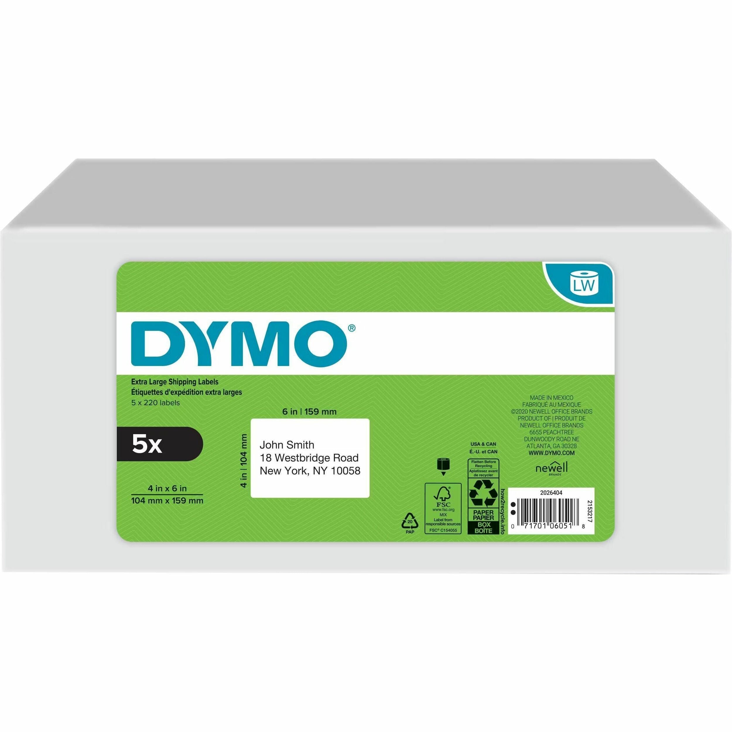 Dymo LabelWriter 4XL Label Printer Label Roll, 6" x 4", Rectangle, Direct Thermal, White Plastic, Water Resistant, 220 Labels per Roll, 1 Pack