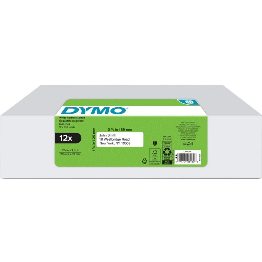 Dymo LabelWriter Labels - 1 1/8" Height x 3 1/2" Width - Rectangle - White - 350 / Roll - 12 / Pack