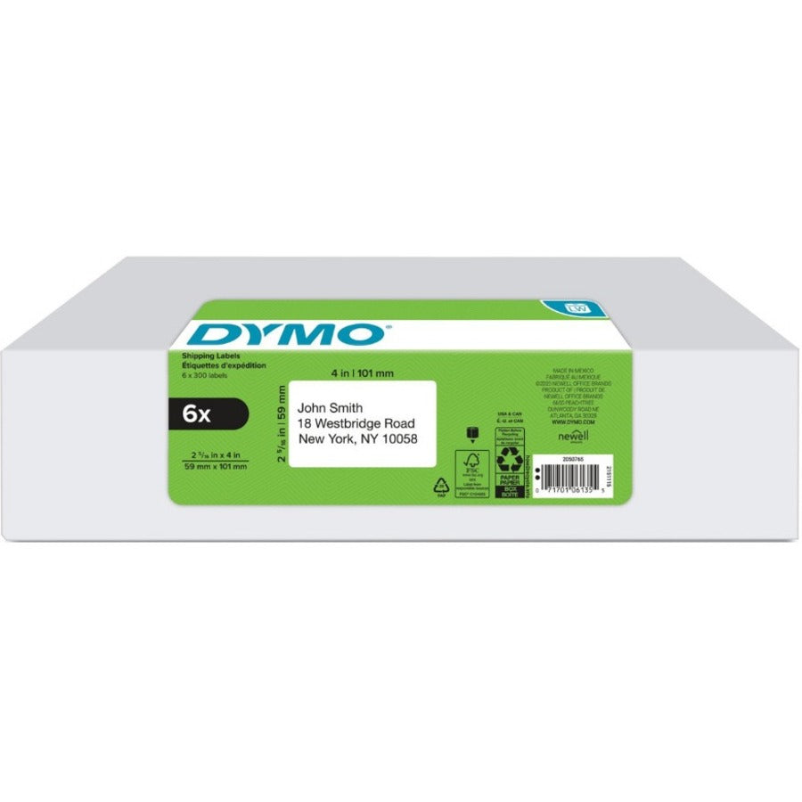 Dymo LabelWriter Labels - 2 1/4" Height x 4" Width - Rectangle - Direct Thermal - White - Durable, Adhesive, Strong - 300 / Roll - 1 Pack