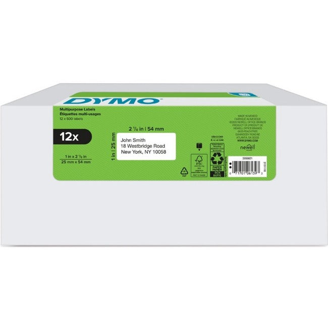 Dymo LabelWriter Labels - 1" Height x 2 1/8" Width - Roll - Rectangle - Direct Thermal - White - Durable, Adhesive, Strong - 500 / Roll - 12 / Pack