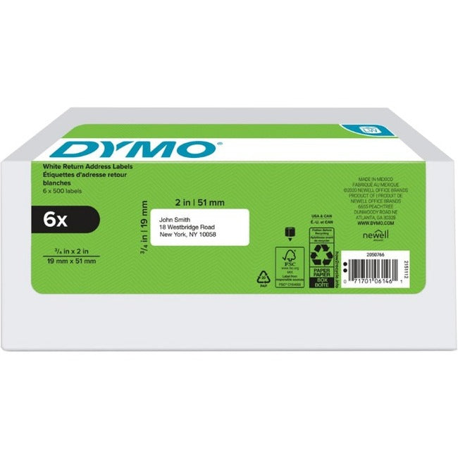Dymo LabelWriter Labels - 3/4" Height x 2" Width - Rectangle - White - 500 / Roll - 1 Pack