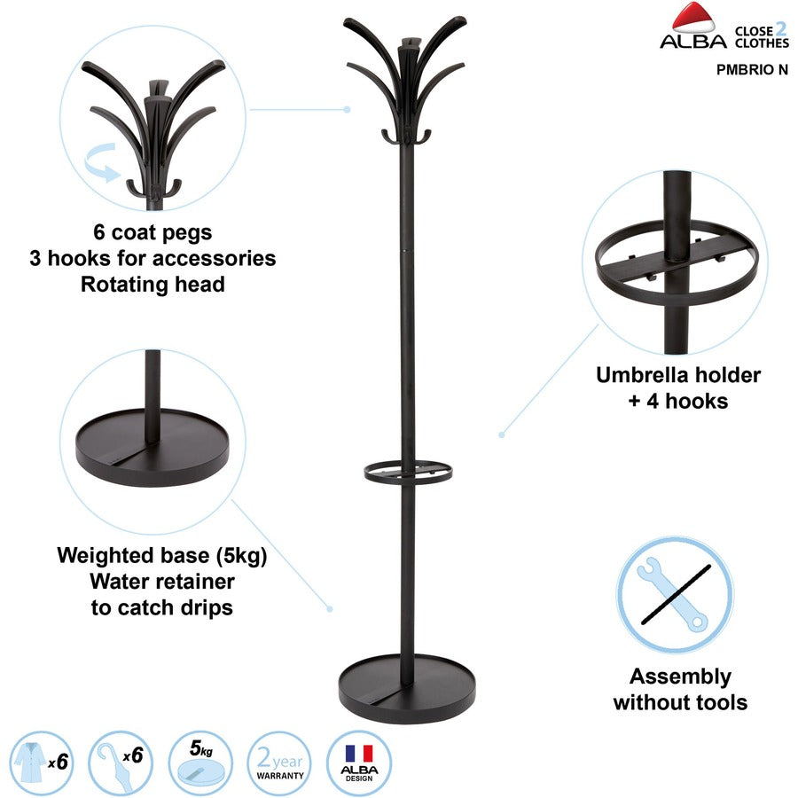 Alba Coat Stand - 66.9" Height x 13.8" Width x 13.8" Length - for Coat - Black - 1 Each