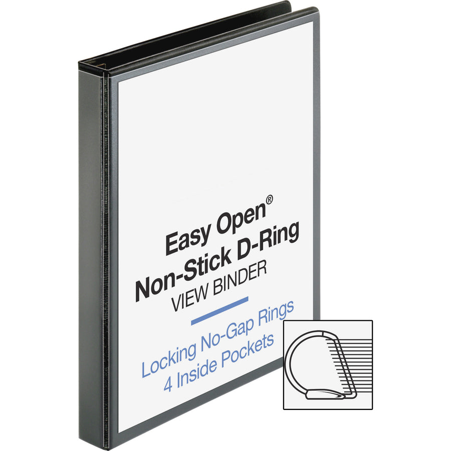 Business Source Locking D-Ring View Binder, 1" Capacity, Letter Size, 200 Sheet Capacity, 4 Inside Pockets, Black, 1 Each
