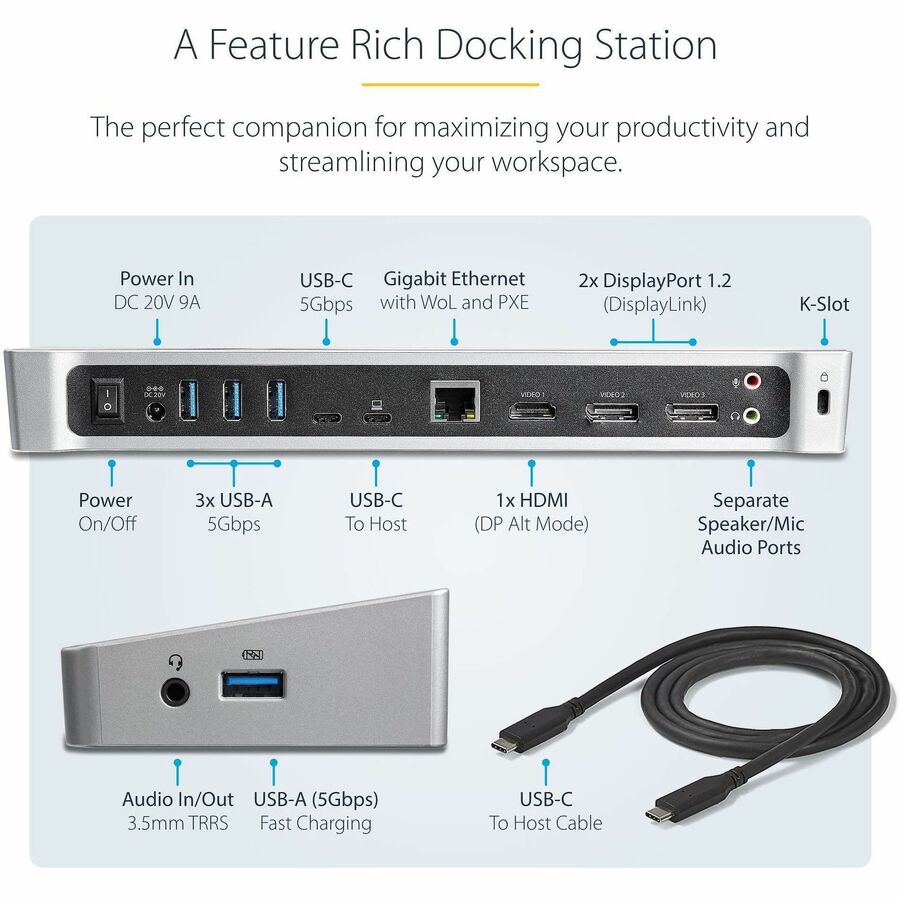 StarTech.com Triple-Monitor 4K USB-C Dock with 5x USB 3.0 Ports - 100W PD
