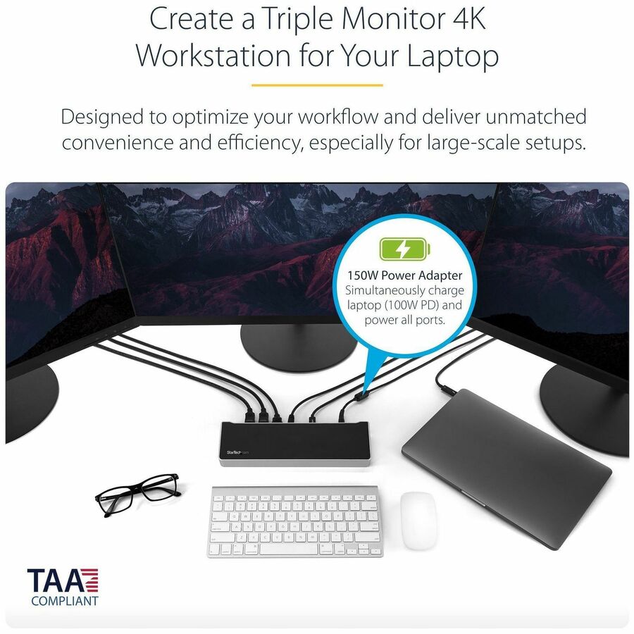 StarTech.com Triple-Monitor 4K USB-C Dock with 5x USB 3.0 Ports - 100W PD