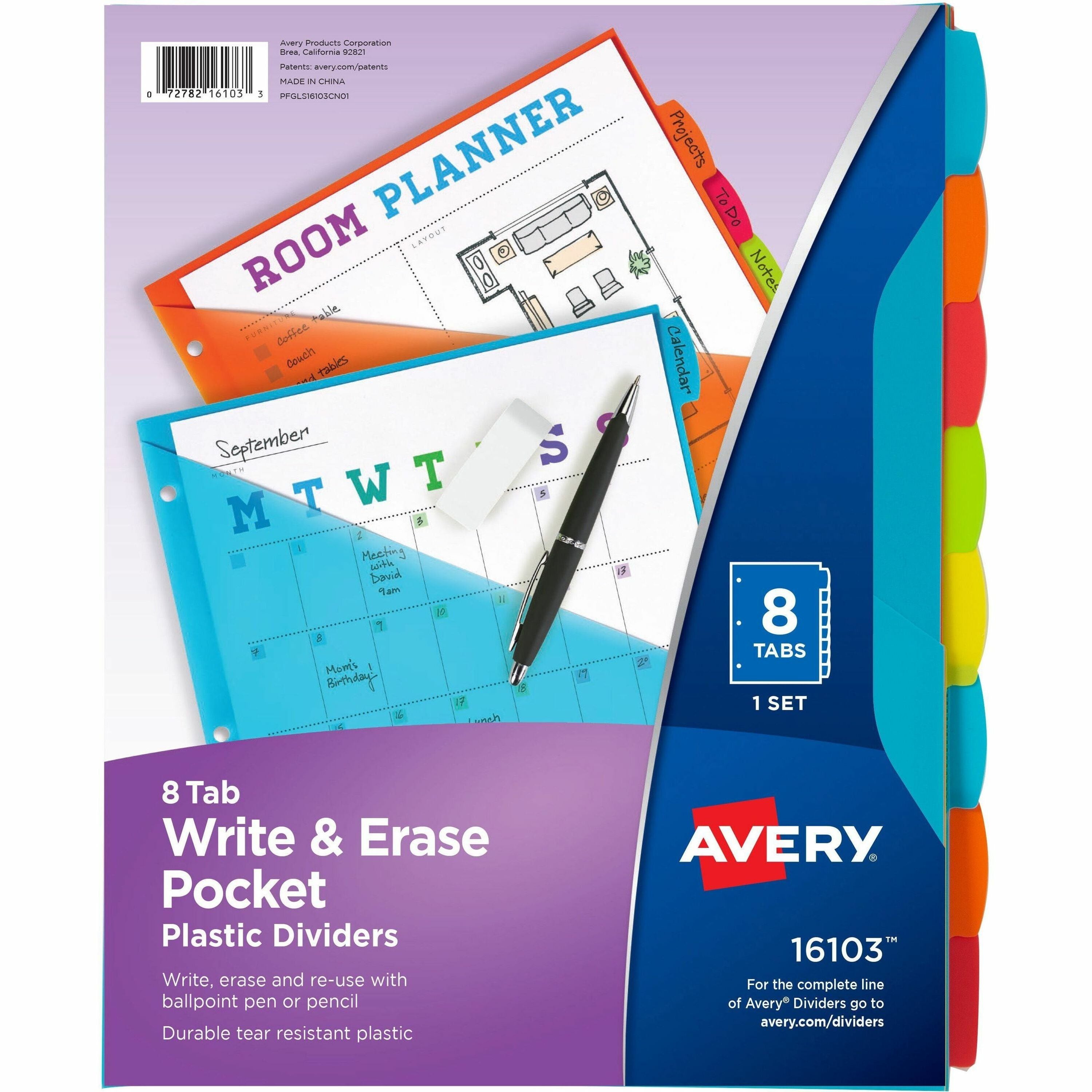 Avery Write & Erase Durable Plastic Dividers with Pocket, 8 Multicolor Plastic Dividers with 8 Write-on Tabs, 3-Hole Punched, 1 Set