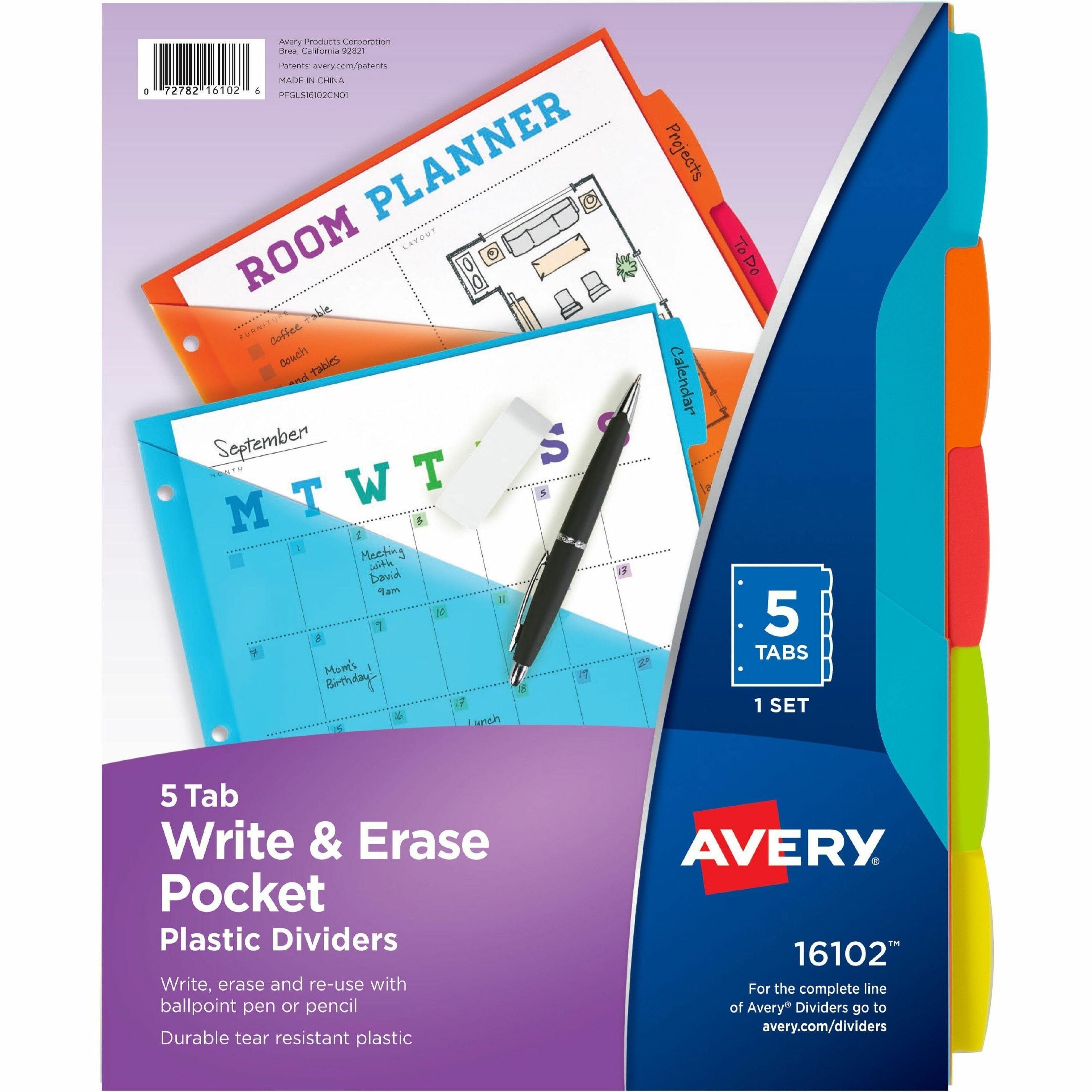 Avery Write & Erase Durable Plastic Dividers with Pocket, 5 Multicolor Plastic Dividers, 5 Write-on Tabs, 3-Hole Punched, 1 Set