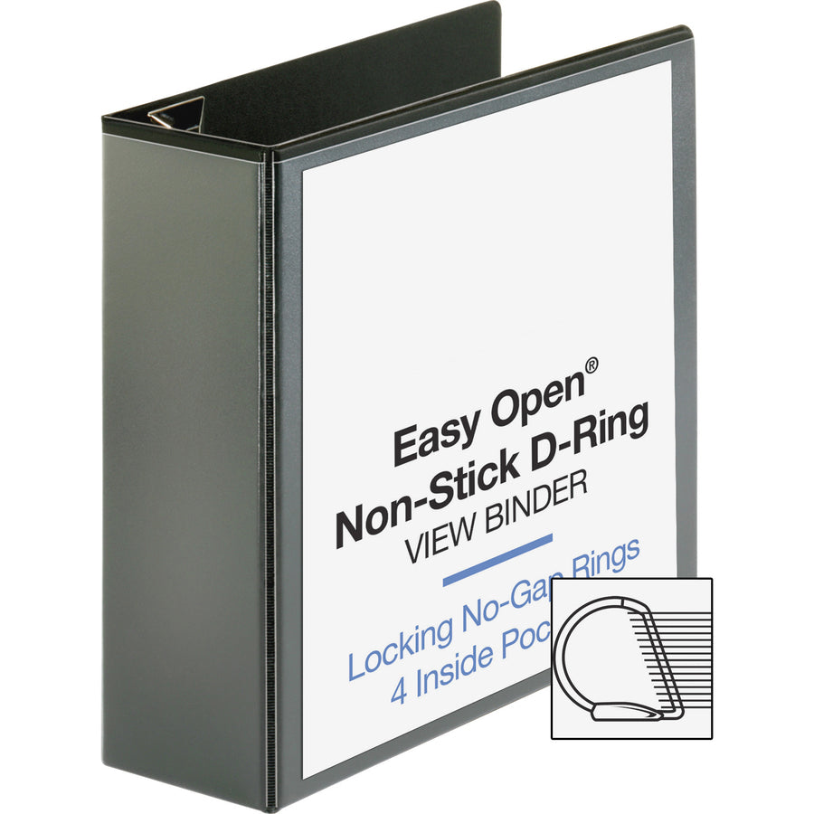 Business Source Locking D-Ring View Binder, 4" Capacity, Letter Size, 775 Sheet Capacity, 4 Pockets, Black, 1 Each