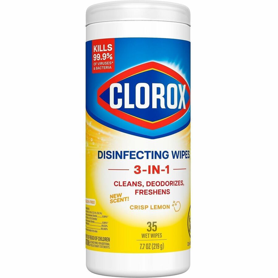 Clorox Disinfecting Cleaning Wipes - Ready-To-Use - Crisp Lemon Scent - Anti-bacterial, Textured, Bleach-free - Yellow - 35/Tub - 35 / Bundle
