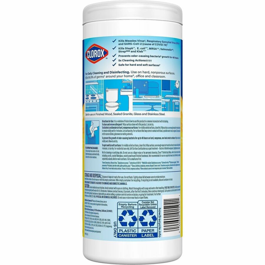 Clorox Disinfecting Cleaning Wipes - Ready-To-Use - Crisp Lemon Scent - Anti-bacterial, Textured, Bleach-free - Yellow - 35/Tub - 35 / Bundle