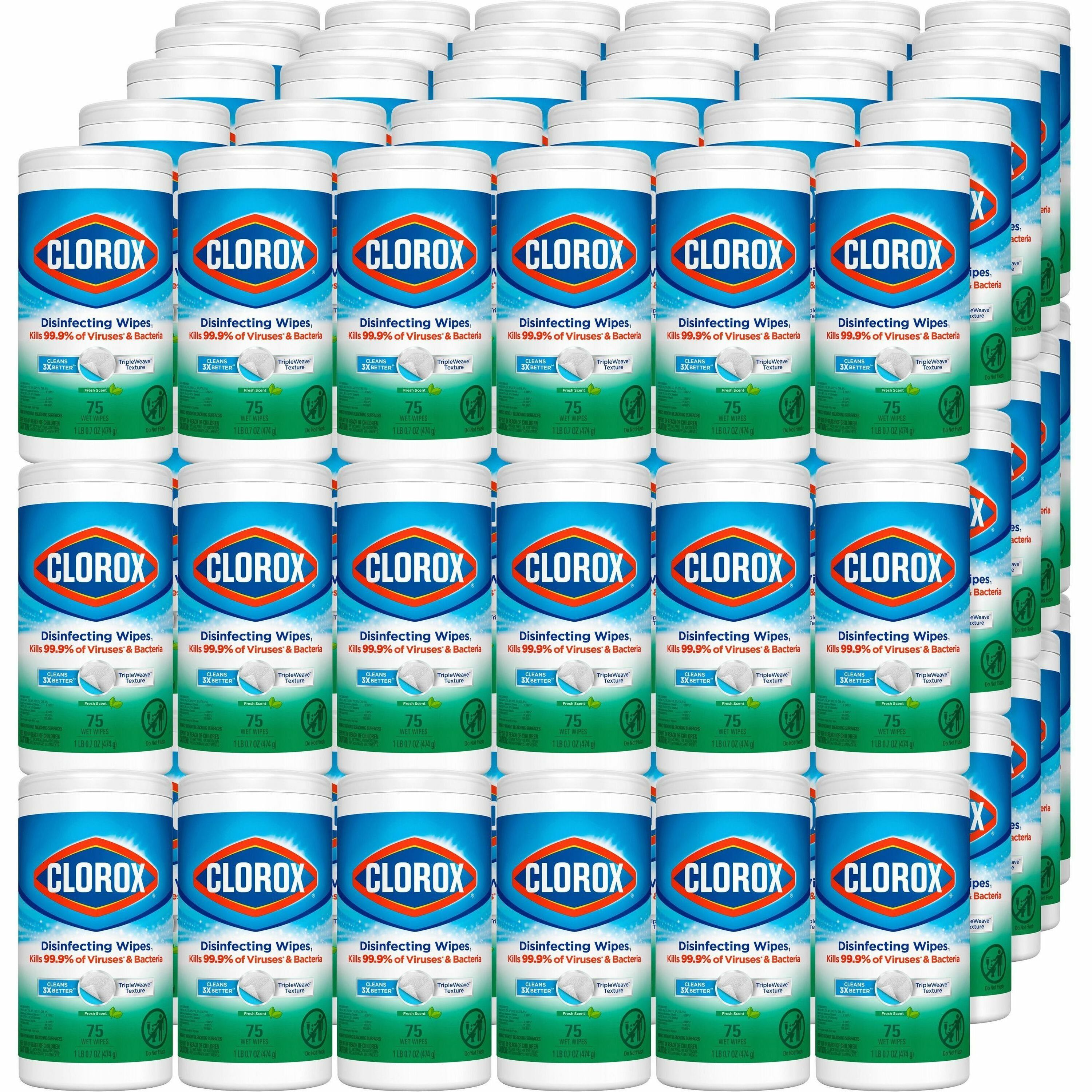 Clorox Disinfecting Wipes, Bleach-Free, Fresh Scent, 75 Wipes per Tub, 2 Tubs per Pallet