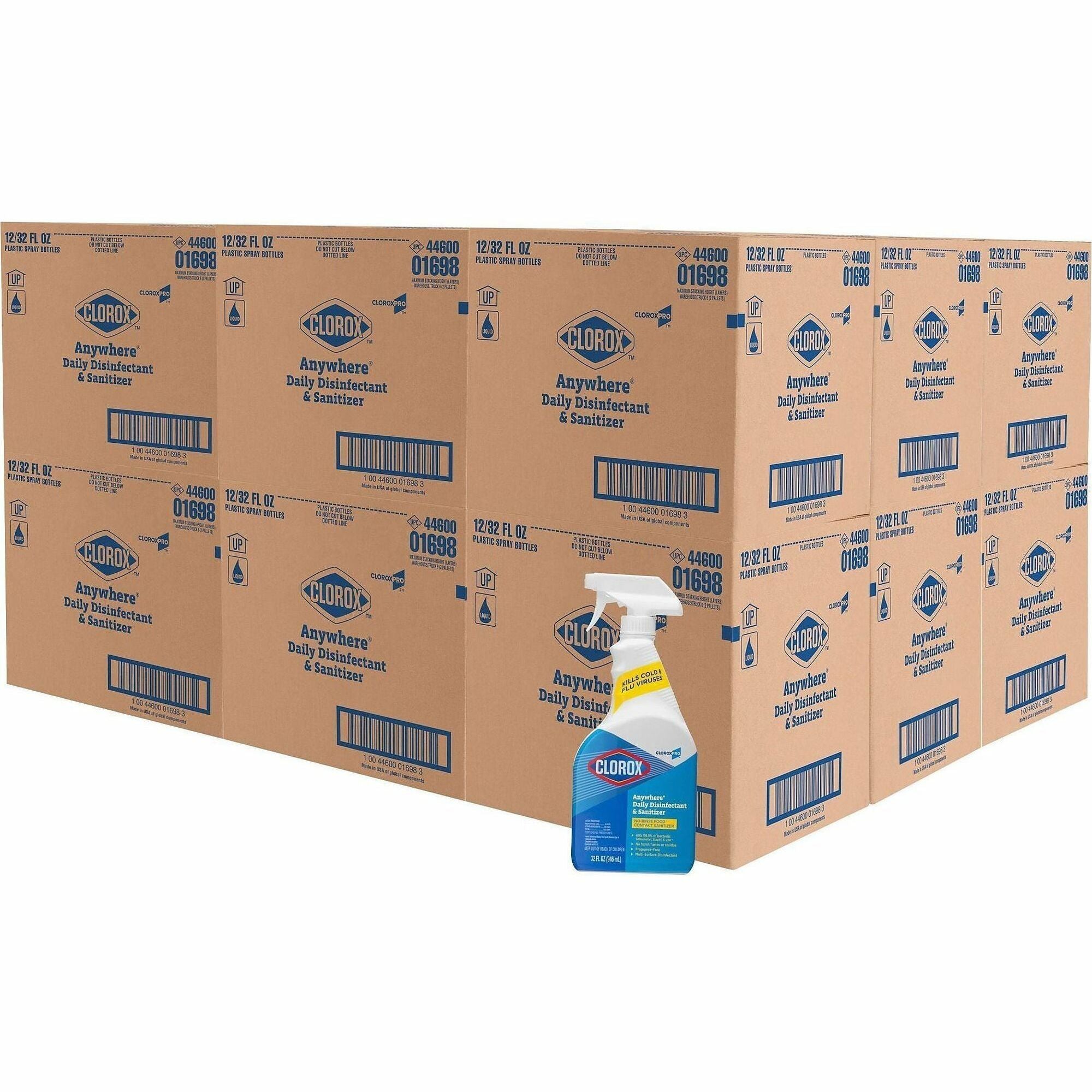 CloroxPro™ Anywhere Daily Disinfectant and Sanitizer - 32 fl oz (1 quart) - No-rinse, Residue-free - Clear - 2 / Pallet