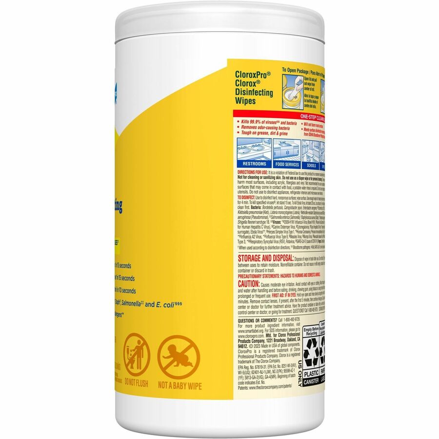 CloroxPro Disinfecting Wipes, Lemon Fresh Scent, Bleach-Free, Pre-Moistened, Antibacterial, Yellow, 75 Wipes per Tub, 2 Tubs per Pallet