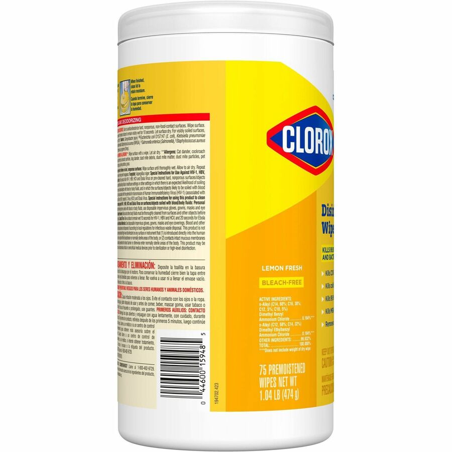 CloroxPro Disinfecting Wipes, Lemon Fresh Scent, Bleach-Free, Pre-Moistened, Antibacterial, Yellow, 75 Wipes per Tub, 2 Tubs per Pallet