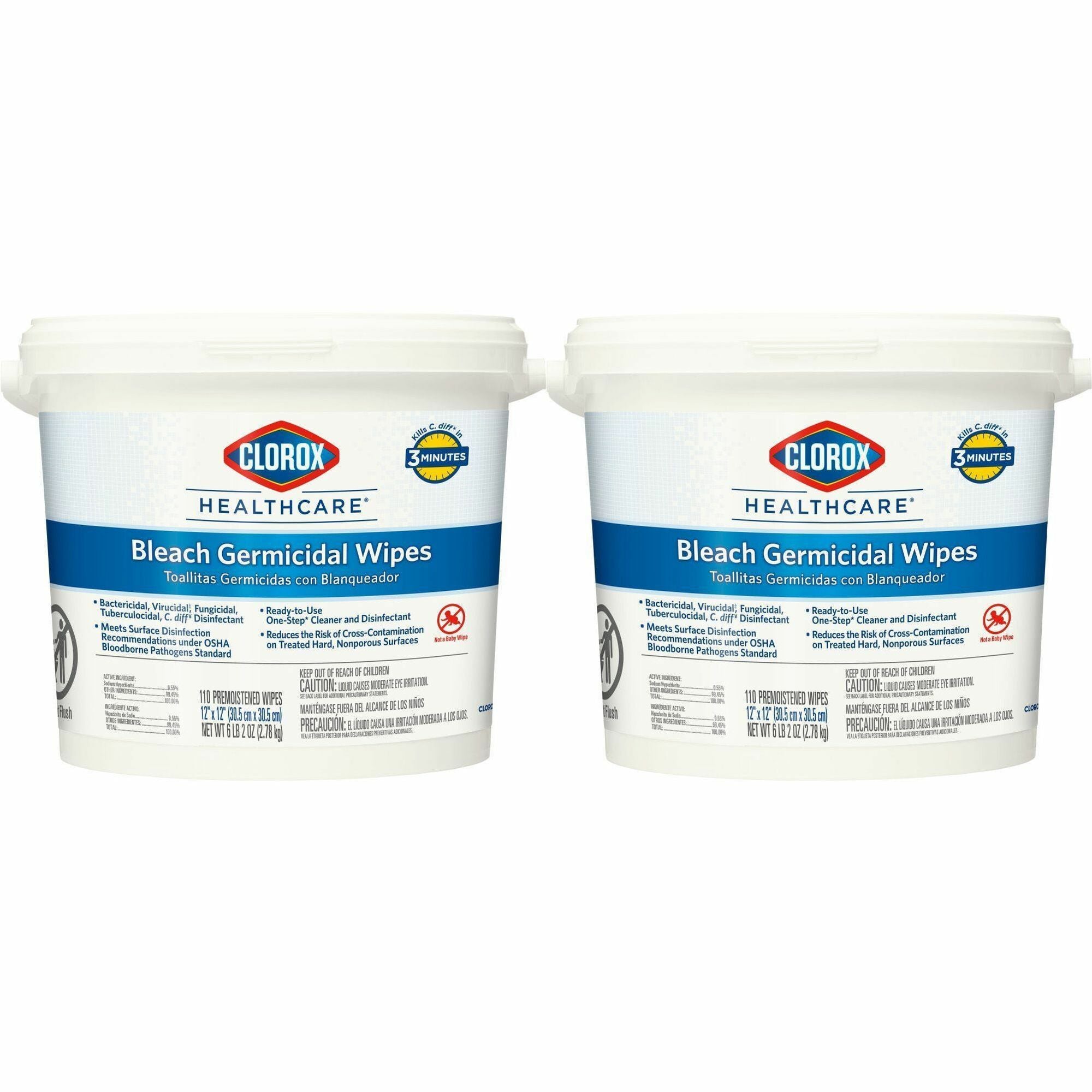 Clorox Healthcare Bleach Germicidal Wipes Bucket - Ready-To-Use - 12" Length x 12" Width - Anti-corrosive, Antibacterial - White - 110/Tub - 2 / Pallet