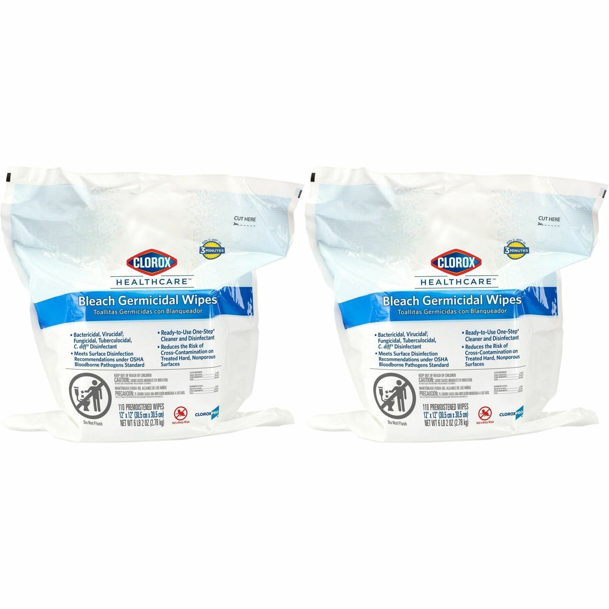 Clorox Healthcare Bleach Germicidal Wipes Bucket Refill - Ready-To-Use - 12" Length x 12" Width - Anti-corrosive - White - 110/Tub - 2 / Pallet
