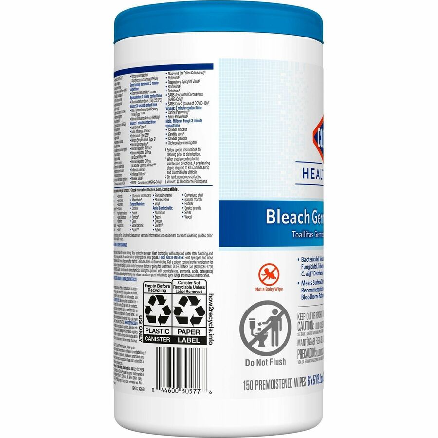 Clorox Healthcare Bleach Germicidal Wipes - Ready-To-Use - 5" Length x 6" Width - Anti-corrosive, Residue-free - White - 150/Tub - 2 / Pallet