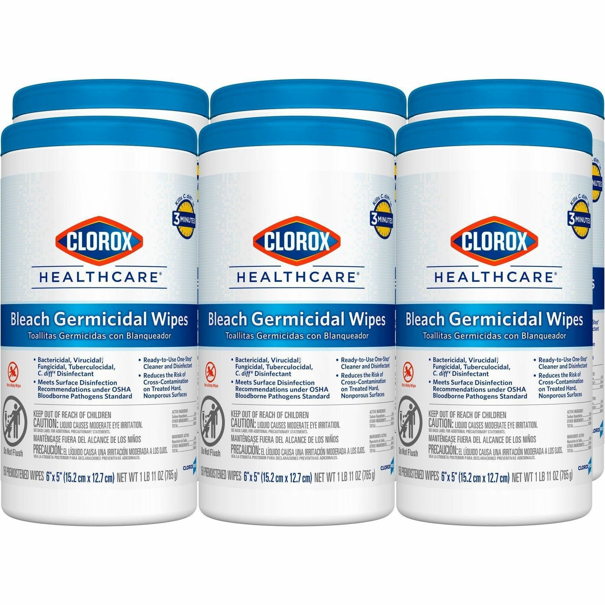 Clorox Healthcare Bleach Germicidal Wipes - Ready-To-Use - 5" Length x 6" Width - Anti-corrosive, Residue-free - White - 150/Tub - 2 / Pallet
