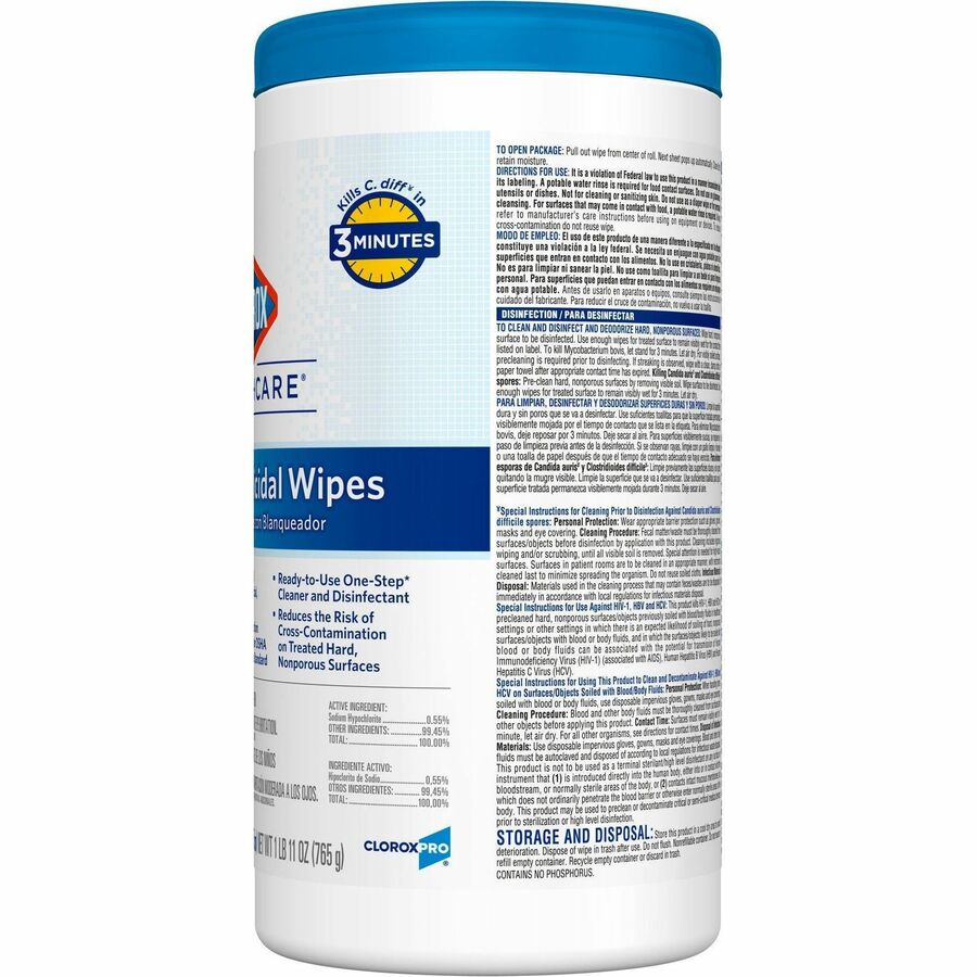 Clorox Healthcare Bleach Germicidal Wipes - Ready-To-Use - 5" Length x 6" Width - Anti-corrosive, Residue-free - White - 150/Tub - 2 / Pallet