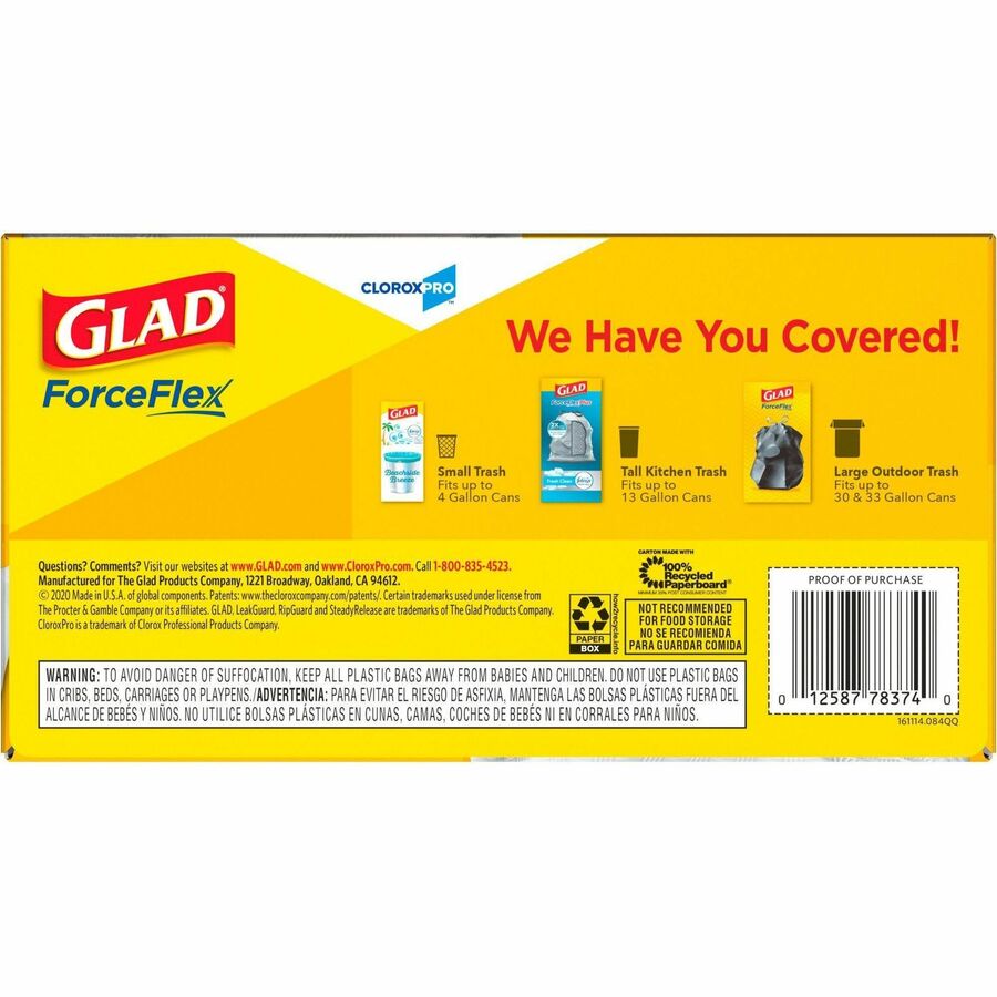Glad ForceFlex Tall Kitchen Drawstring Trash Bags - 13 gal Capacity - 27" Length x 24" Width x 0.72 mil (18 Micron) Thickness - Drawstring Closure - White - Plastic - Kitchen, Office, Day Care, Restaurant, School - 100/Box - 2 / Pallet