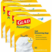 Glad ForceFlex Tall Kitchen Drawstring Trash Bags - 13 gal Capacity - 27" Length x 24" Width x 0.72 mil (18 Micron) Thickness - Drawstring Closure - White - Plastic - Kitchen, Office, Day Care, Restaurant, School - 100/Box - 2 / Pallet