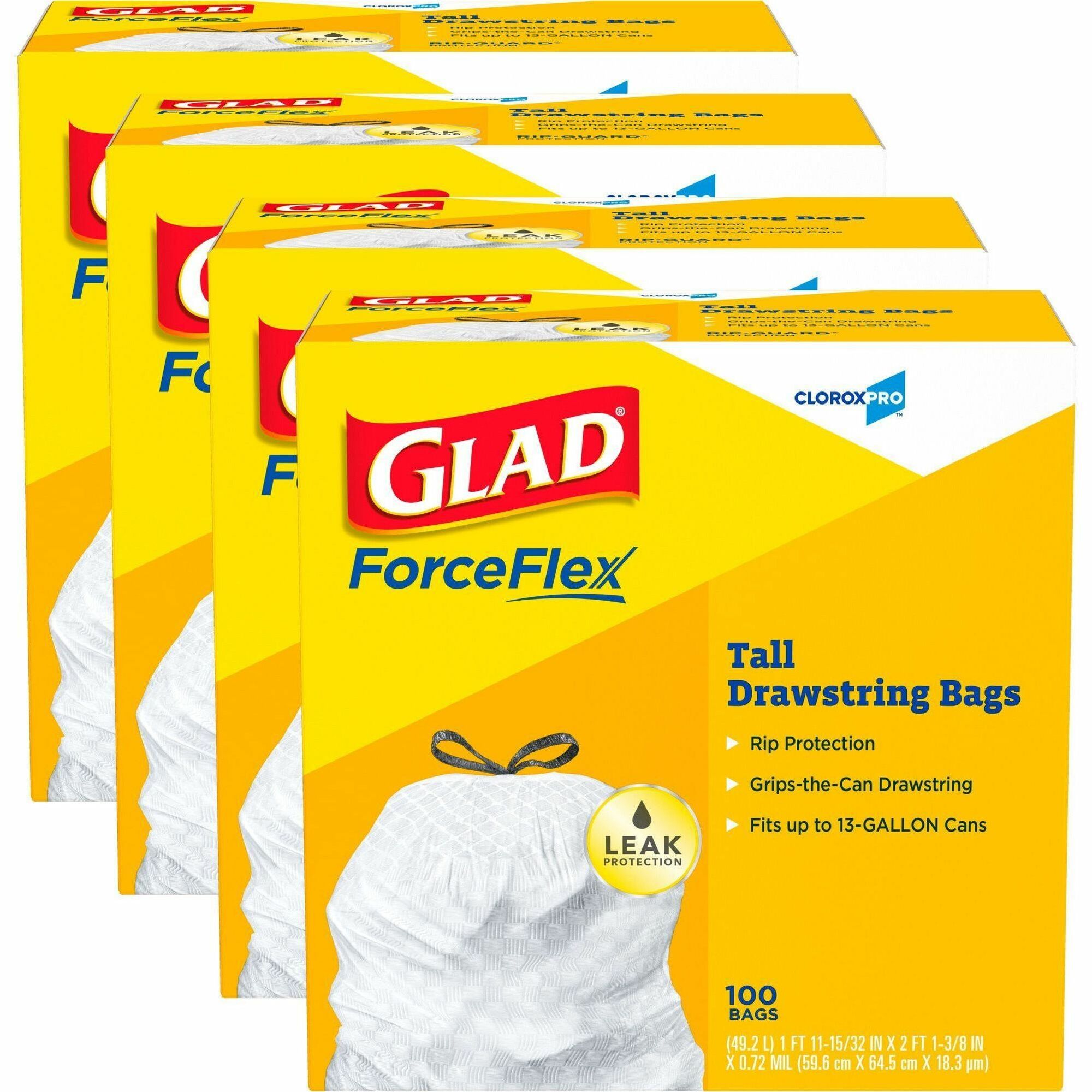 Glad ForceFlex Tall Kitchen Drawstring Trash Bags - 13 gal Capacity - 27" Length x 24" Width x 0.72 mil (18 Micron) Thickness - Drawstring Closure - White - Plastic - Kitchen, Office, Day Care, Restaurant, School - 100/Box - 2 / Pallet