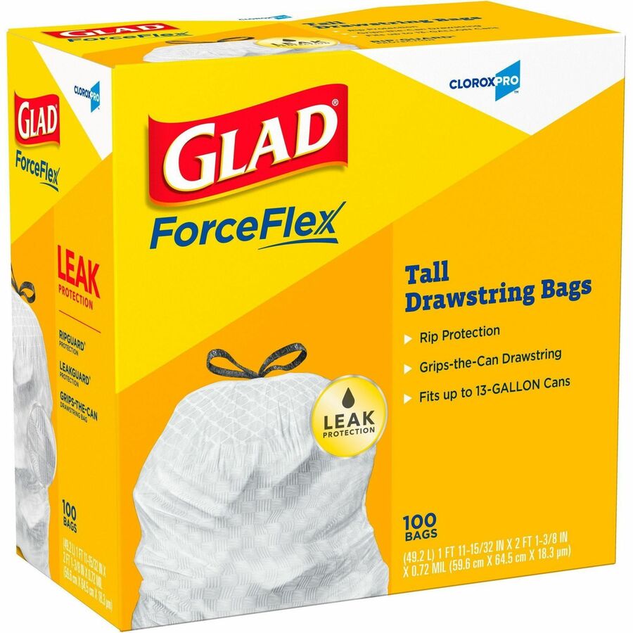 Glad ForceFlex Tall Kitchen Drawstring Trash Bags - 13 gal Capacity - 27" Length x 24" Width x 0.72 mil (18 Micron) Thickness - Drawstring Closure - White - Plastic - Kitchen, Office, Day Care, Restaurant, School - 100/Box - 2 / Pallet