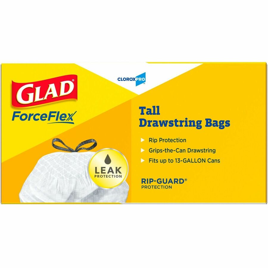 Glad ForceFlex Tall Kitchen Drawstring Trash Bags - 13 gal Capacity - 27" Length x 24" Width x 0.72 mil (18 Micron) Thickness - Drawstring Closure - White - Plastic - Kitchen, Office, Day Care, Restaurant, School - 100/Box - 2 / Pallet