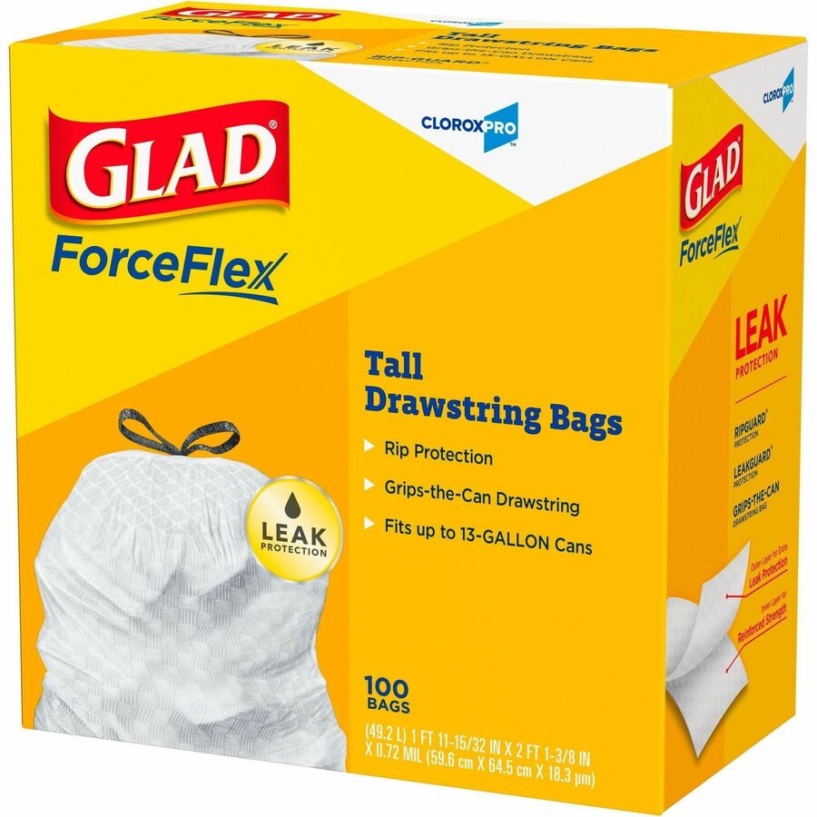 Glad ForceFlex Tall Kitchen Drawstring Trash Bags - 13 gal Capacity - 27" Length x 24" Width x 0.72 mil (18 Micron) Thickness - Drawstring Closure - White - Plastic - Kitchen, Office, Day Care, Restaurant, School - 100/Box - 2 / Pallet