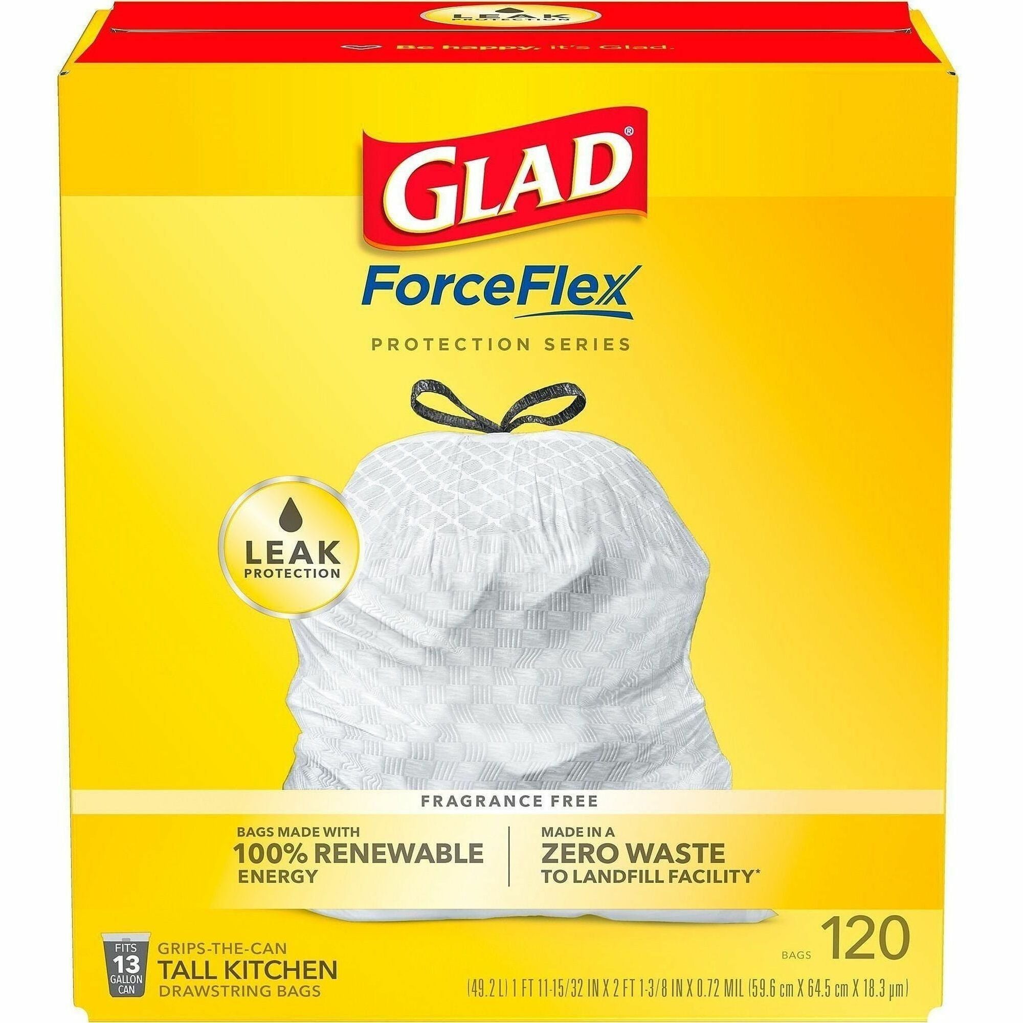 Glad ForceFlex Tall Kitchen Drawstring Trash Bags - 13 gal Capacity - 9 mil (229 Micron) Thickness - Drawstring Closure - White - Plastic - Home, Breakroom, Day Care, Kitchen, Garbage - 120/Box - 45 / Pallet