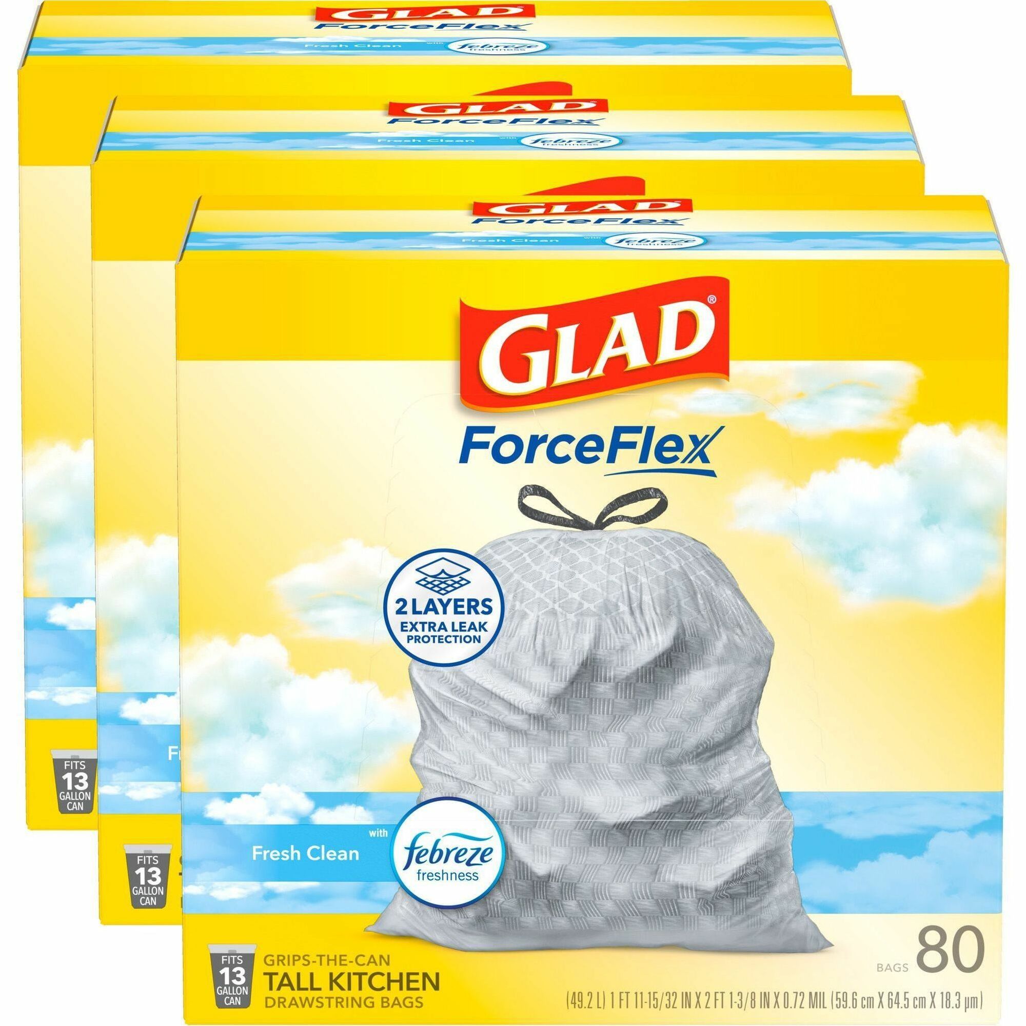 Glad ForceFlex Tall Kitchen Drawstring Trash Bags, Fresh Clean with Febreze, 13 Gallon, 0.78 mil, White, Drawstring Closure, 80 Bags per Box, 3 Boxes per Carton