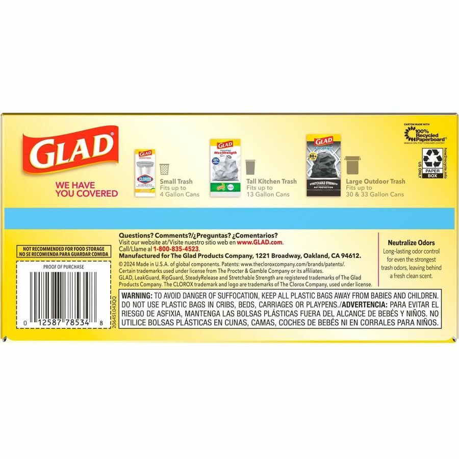 Glad ForceFlex Tall Kitchen Drawstring Trash Bags, Fresh Clean with Febreze, 13 Gallon, 0.78 mil Thickness, White, Drawstring Closure, 80 Bags per Box, 2 Boxes per Pallet