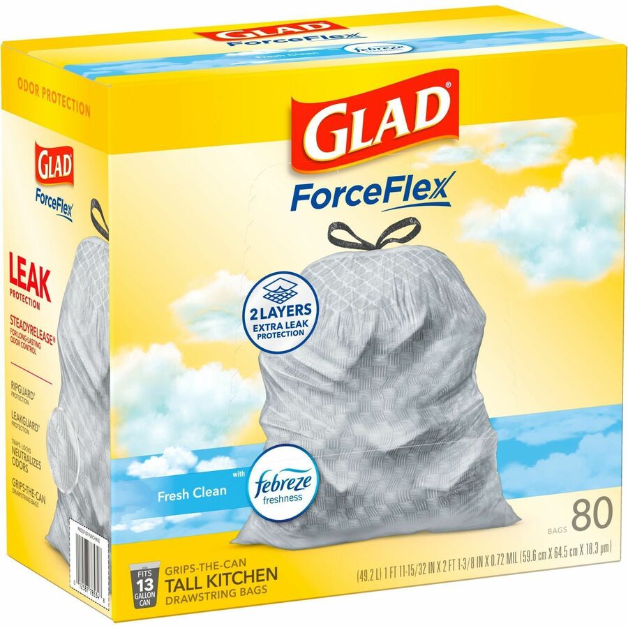 Glad ForceFlex Tall Kitchen Drawstring Trash Bags, Fresh Clean with Febreze, 13 Gallon, 0.78 mil Thickness, White, Drawstring Closure, 80 Bags per Box, 2 Boxes per Pallet