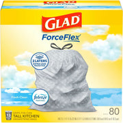 Glad ForceFlex Tall Kitchen Drawstring Trash Bags, Fresh Clean with Febreze, 13 Gallon, 0.78 mil Thickness, White, Drawstring Closure, 80 Bags per Box, 2 Boxes per Pallet